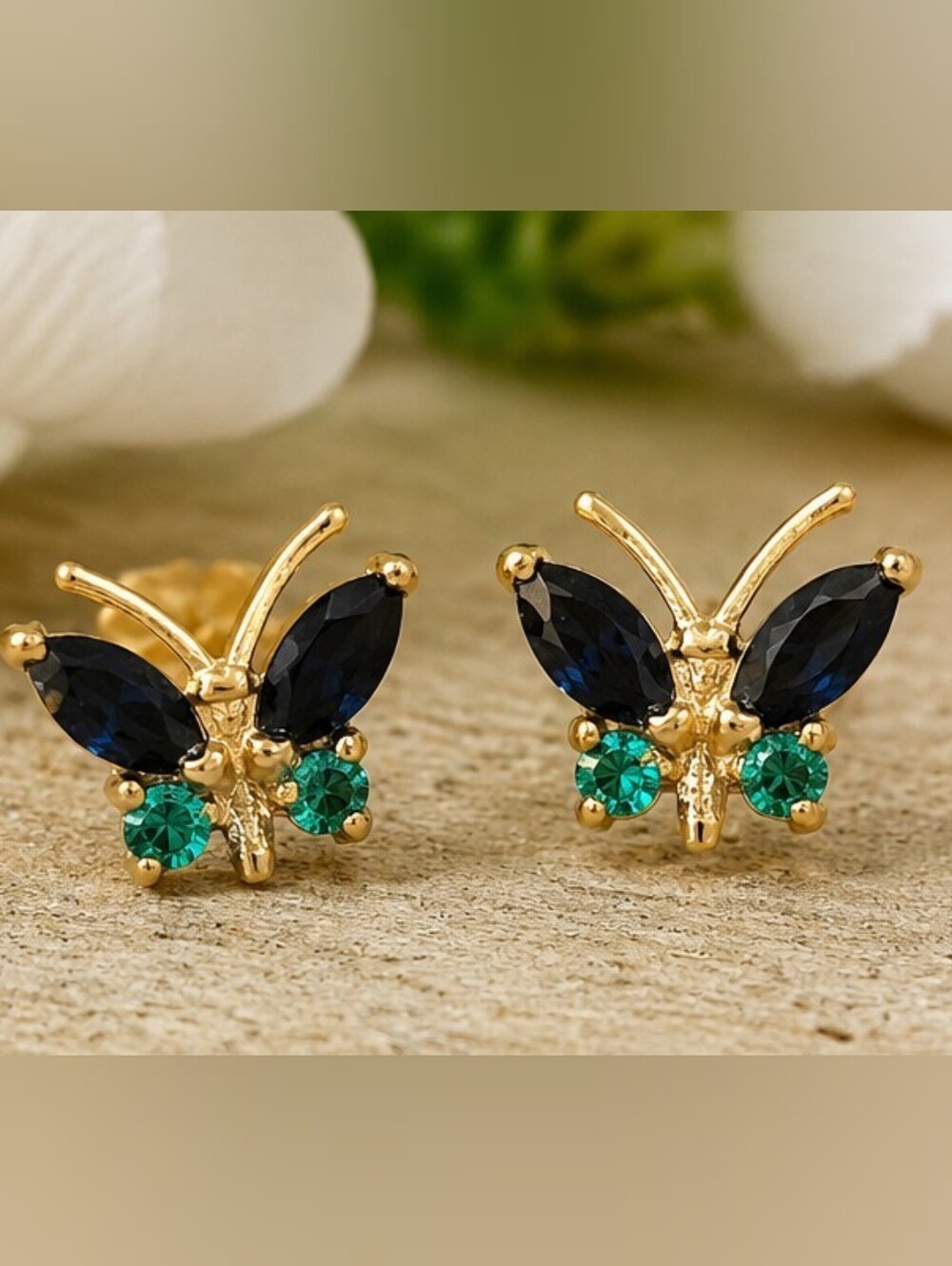 Sterling Silver And 10k Gold Vermeil Overlay Blue Quartz & CZ Butterfly Earrings